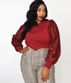 Burgundy Sequin Sleeved Knit Top