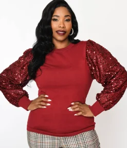 Burgundy Sequin Sleeved Knit Top