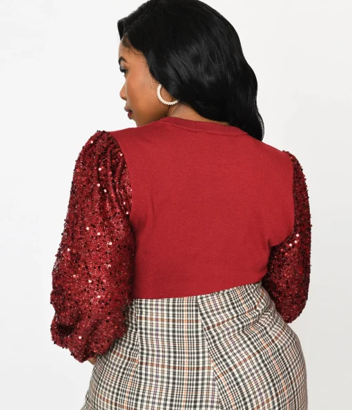 Burgundy Sequin Sleeved Knit Top