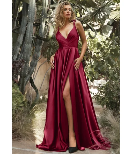 Cinderella Divine Burgundy Flowy Satin A-Line Bridesmaid Gown