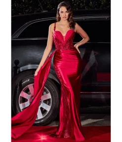 Cinderella Divine Burgundy Soft Satin Sheer Leaves Gown