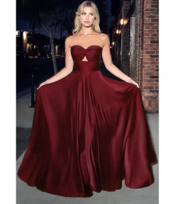 Cinderella Divine Burgundy Satin Strapless Keyhole Evening Gown