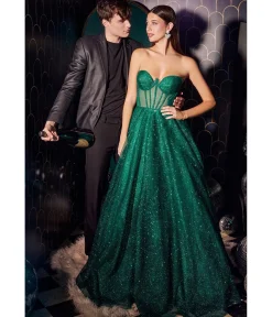 Cinderella Divine Emerald Glitter Strapless Corset Prom Gown