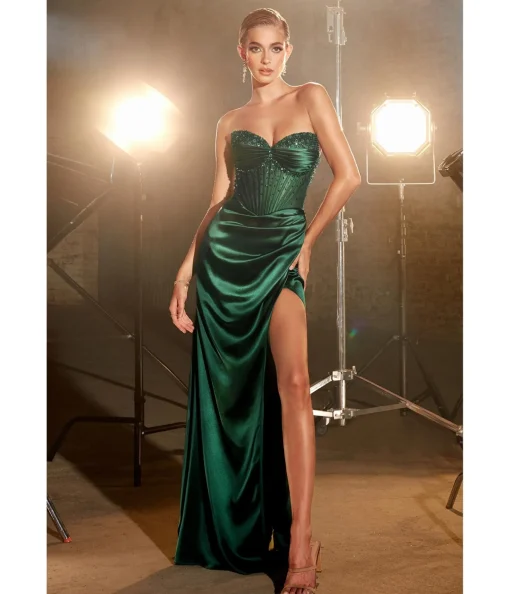 Cinderella Divine Emerald Beaded Satin Corset Prom Dress