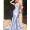 Cinderella Divine Light Blue Glitter Satin Plunging Mermaid Gown