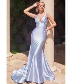 Cinderella Divine Light Blue Glitter Satin Plunging Mermaid Gown