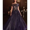 Cinderella Divine Navy & Gold Off The Shoulder Magical Glitter Prom Ball Gown