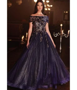 Cinderella Divine Navy & Gold Off The Shoulder Magical Glitter Prom Ball Gown