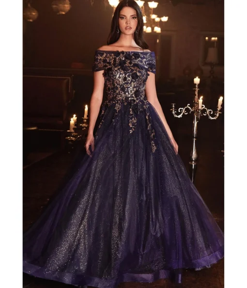 Cinderella Divine Navy & Gold Off The Shoulder Magical Glitter Prom Ball Gown