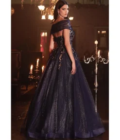 Cinderella Divine Navy & Gold Off The Shoulder Magical Glitter Prom Ball Gown