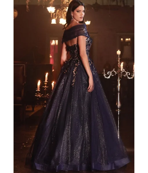 Cinderella Divine Navy & Gold Off The Shoulder Magical Glitter Prom Ball Gown