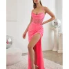 Cinderella Divine Neon Pink Satin Beaded Draped Corset Prom Dress