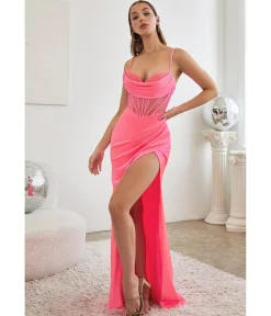 Cinderella Divine Neon Pink Satin Beaded Draped Corset Prom Dress