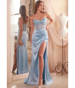 Cinderella Divine Paris Blue Beaded Satin Corset Prom Dress