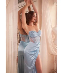 Cinderella Divine Paris Blue Beaded Satin Corset Prom Dress
