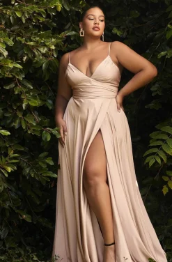Cinderella Divine Plus Size Nude Ruched Satin Mystique Prom Gown