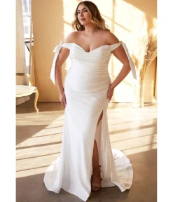 Cinderella Divine Plus Size White Off The Shoulder Trumpet Bridal Gown