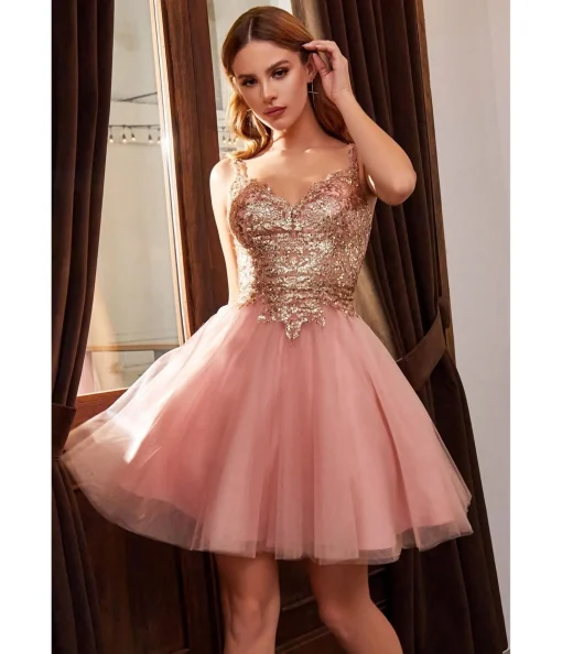 Cinderella Divine Rose Gold Embellished Tulle Mini Homecoming Dress