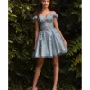 Cinderella Divine Smoky Blue Beaded & Floral Applique Off The Shoulder Cocktail Dress