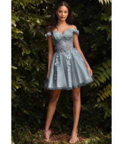 Cinderella Divine Smoky Blue Beaded & Floral Applique Off The Shoulder Cocktail Dress