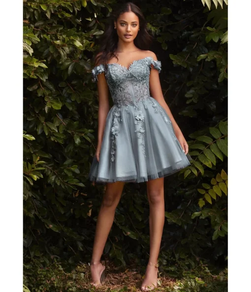 Cinderella Divine Smoky Blue Beaded & Floral Applique Off The Shoulder Cocktail Dress