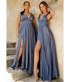 Cinderella Divine Smoky Blue Glamour Satin A-Line Bridesmaid Dress
