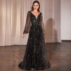 Cinderella Divine Black Beaded Long Sleeve A-Line Prom Dress