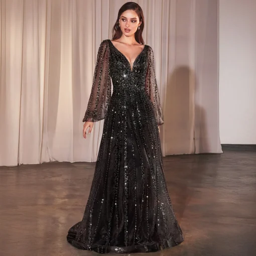 Cinderella Divine Black Beaded Long Sleeve A-Line Prom Dress