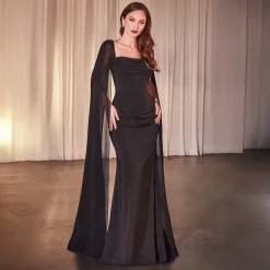 Cinderella Divine Black Chiffon Fitted Cape Sleeve Prom Dress