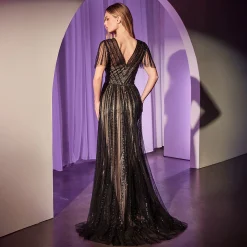 Cinderella Divine Black Nude Beaded Short Sleeve A-Line Prom Dress