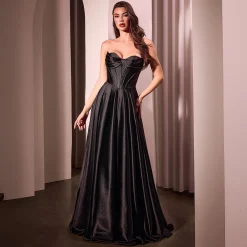 Cinderella Divine Black Satin Strapless A-Line Slit Prom Dress