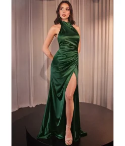 Cinderella Divine Deep Emerald Fitted Satin Halter Bridesmaid Dress