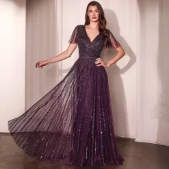 Cinderella Divine Eggplant Beaded Short Sleeve A-Line Prom Dress