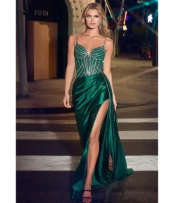 Cinderella Divine Emerald Satin Fitted Beaded Slit Evening Gown