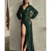 Cinderella Divine Emerald Sequin Long Sleeve Slit Evening Gown