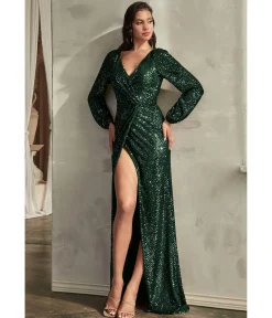 Cinderella Divine Emerald Sequin Long Sleeve Slit Evening Gown