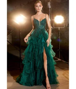 Cinderella Divine Emerald Feather Glitter Prom Dress