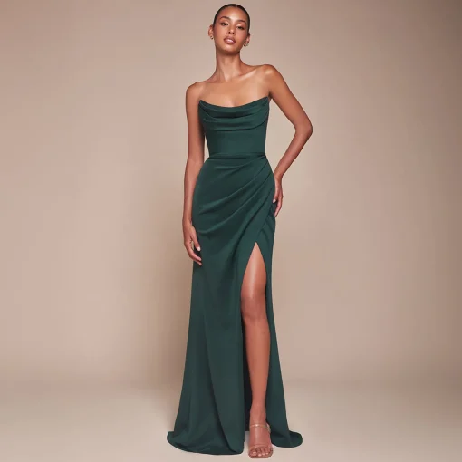 Cinderella Divine Emerald Chiffon Strapless Slit Prom Dress