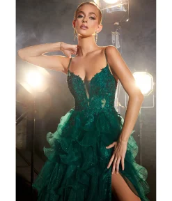 Cinderella Divine Emerald Feather Glitter Prom Dress