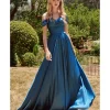 Cinderella Divine French Navy Satin Off The Shoulder Bridesmaid Gown