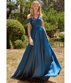 Cinderella Divine French Navy Satin Off The Shoulder Bridesmaid Gown