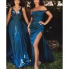 Cinderella Divine French Navy Glamour Satin Plunge A-Line Bridesmaid Dress