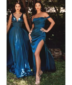 Cinderella Divine French Navy Glamour Satin Plunge A-Line Bridesmaid Dress