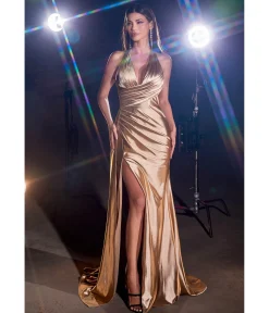 Cinderella Divine Gold Pleated Satin Halter Fitted Slit Dress