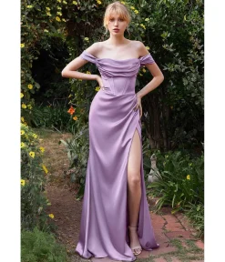 Cinderella Divine Lavender Satin Off the Shoulder Corset Bridesmaid Gown