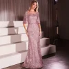 Cinderella Divine Mauve Lace Fitted Mid-Sleeve Prom Dress