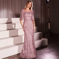 Cinderella Divine Mauve Lace Fitted Mid-Sleeve Prom Dress