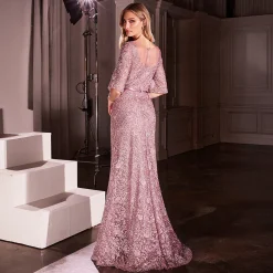 Cinderella Divine Mauve Lace Fitted Mid-Sleeve Prom Dress