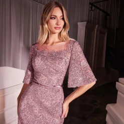Cinderella Divine Mauve Lace Fitted Mid-Sleeve Prom Dress