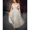 Cinderella Divine Off White Glitter Off The Shoulder Tea Length Gown